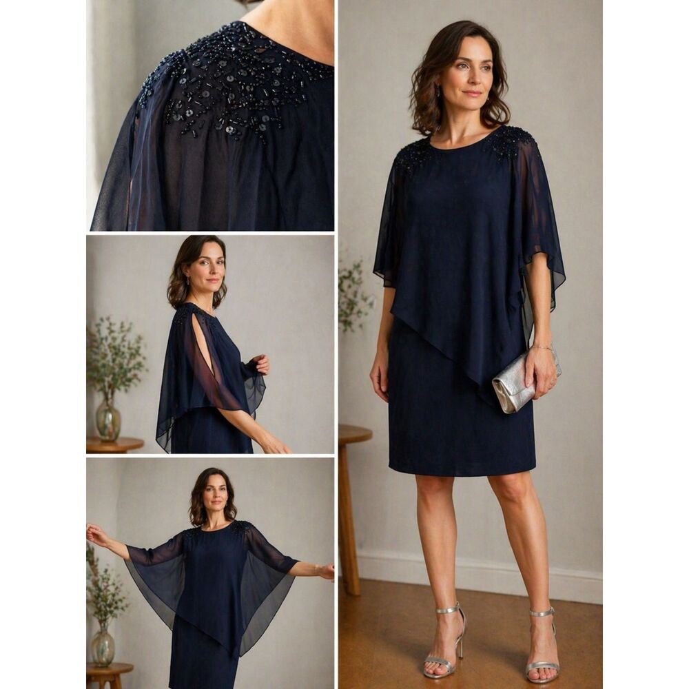 Ignite Evenings Navy Beaded Chiffon Overlay Cocktail Dress Size 8